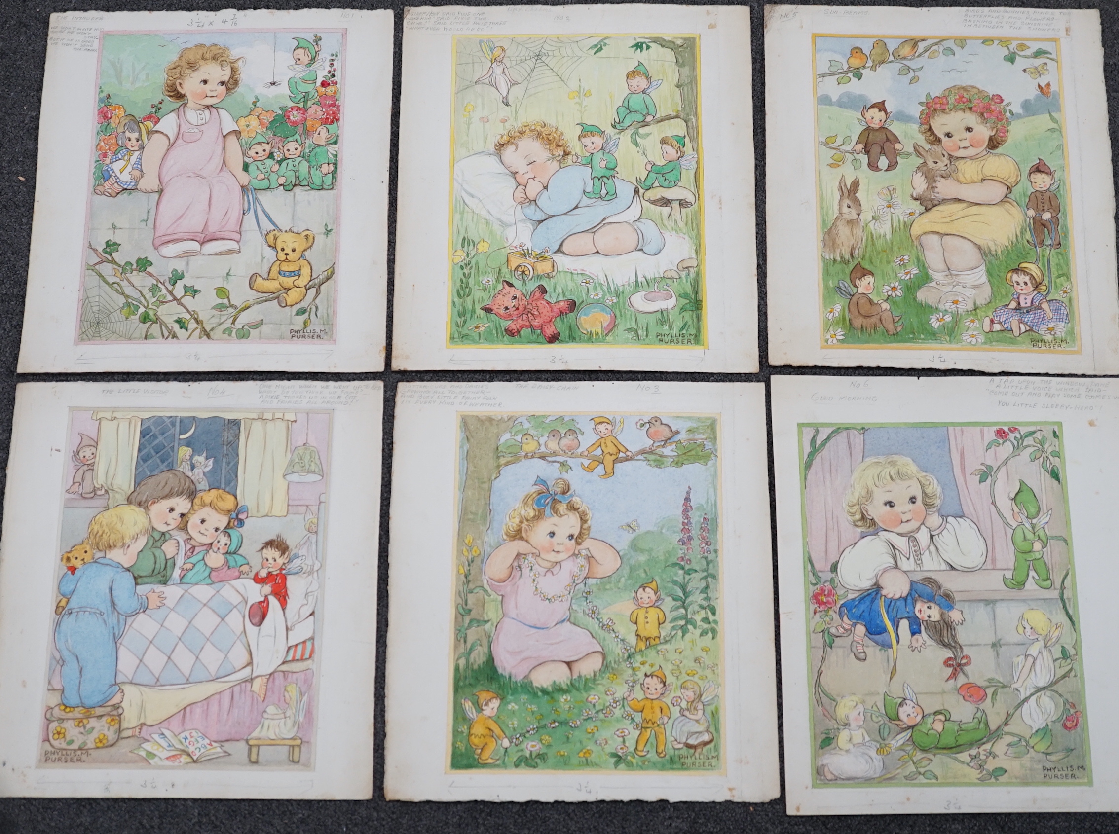 Phyllis Purser (1893-1990), set of six watercolour postcard designs, Humorous Children with Pixies, signed, 26 x 19cm, unframed.